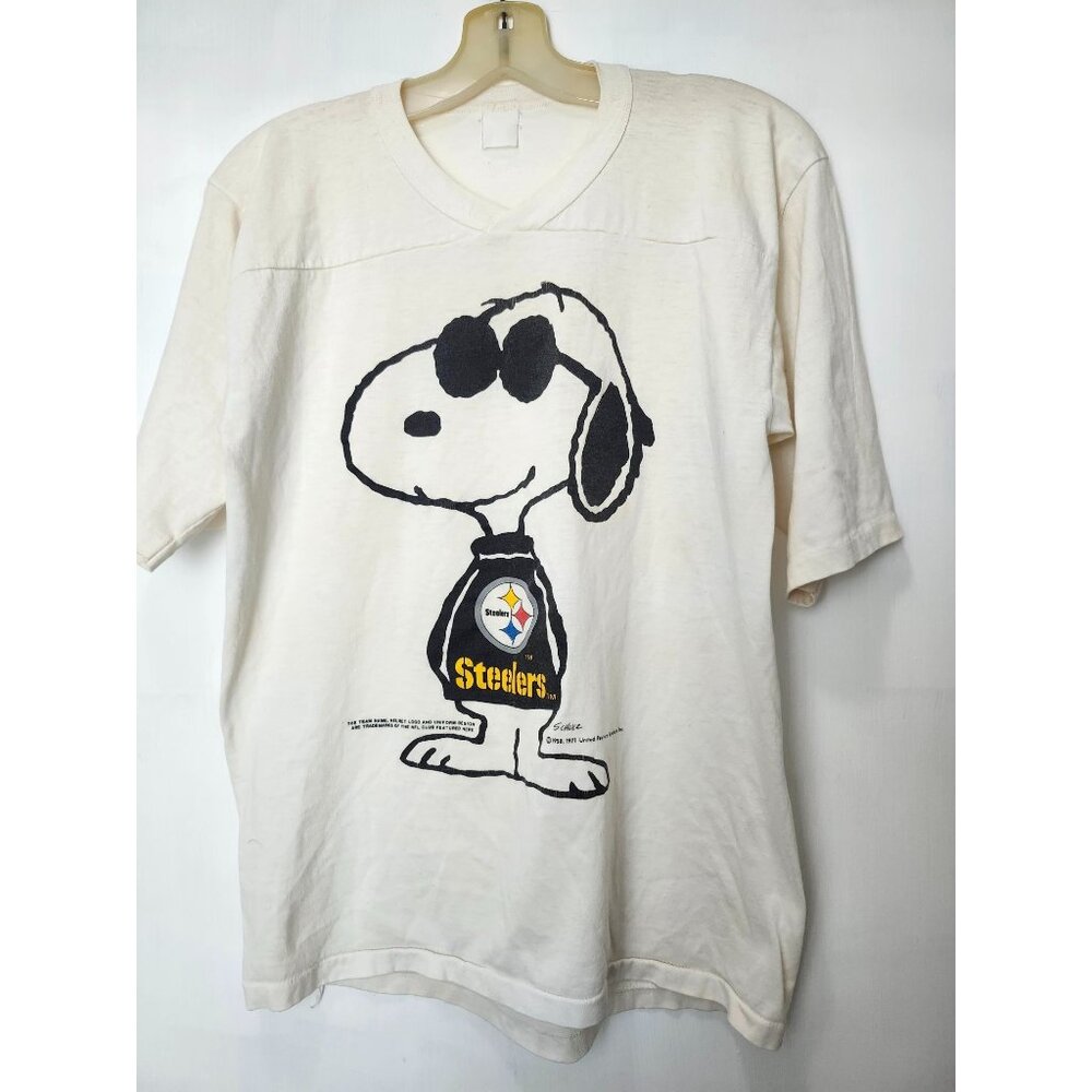 Vintage 1971 Snoopy Steelers T-Shirt Single Stitch White Size S Read